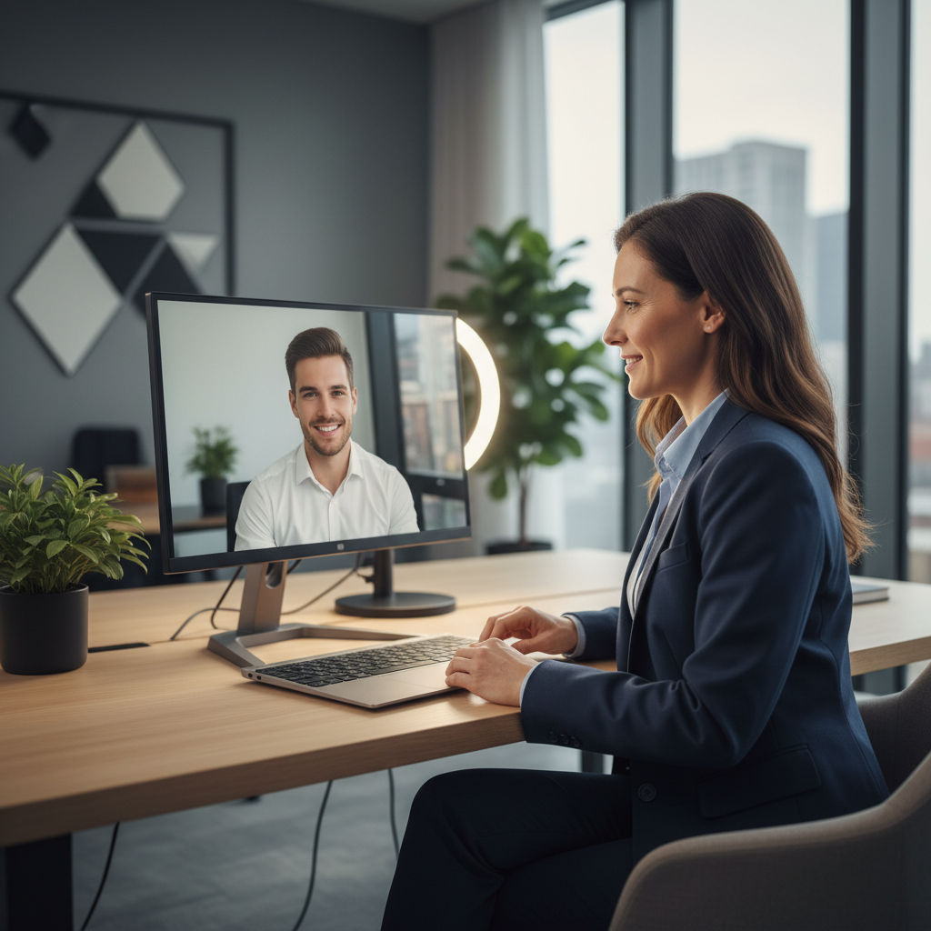 Professional recruiter conducting online interview via video call, modern office setup, laptop screen showing candidate, professional lighting, business atmosphere, no text