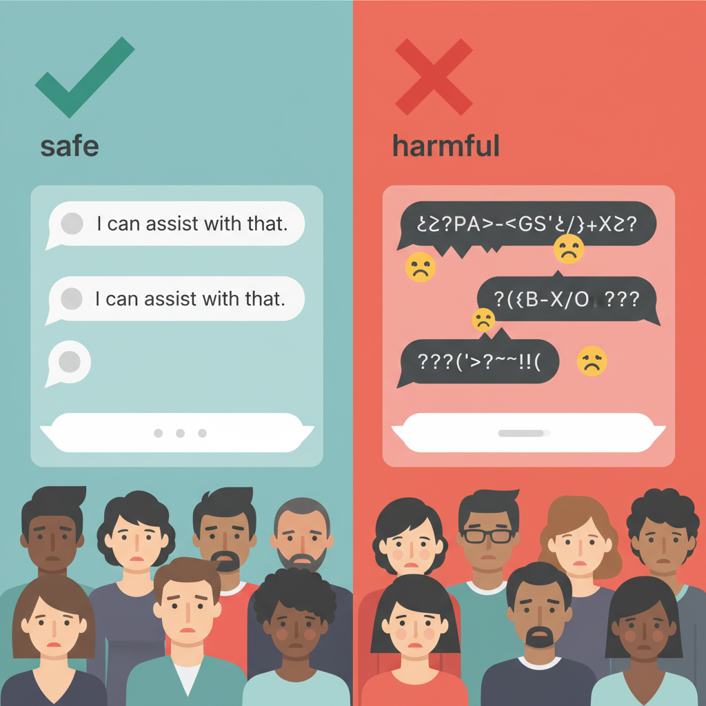 A clean infographic showing two contrasting AI chatbot interfaces side by side. One interface has a green checkmark and "safe answers," while the other has a red cross and "harmful answers" with distressed emojis. A diverse group of worried people are observing this, symbolizing public concern. Realistic, modern design, no text. Style: clean infographic