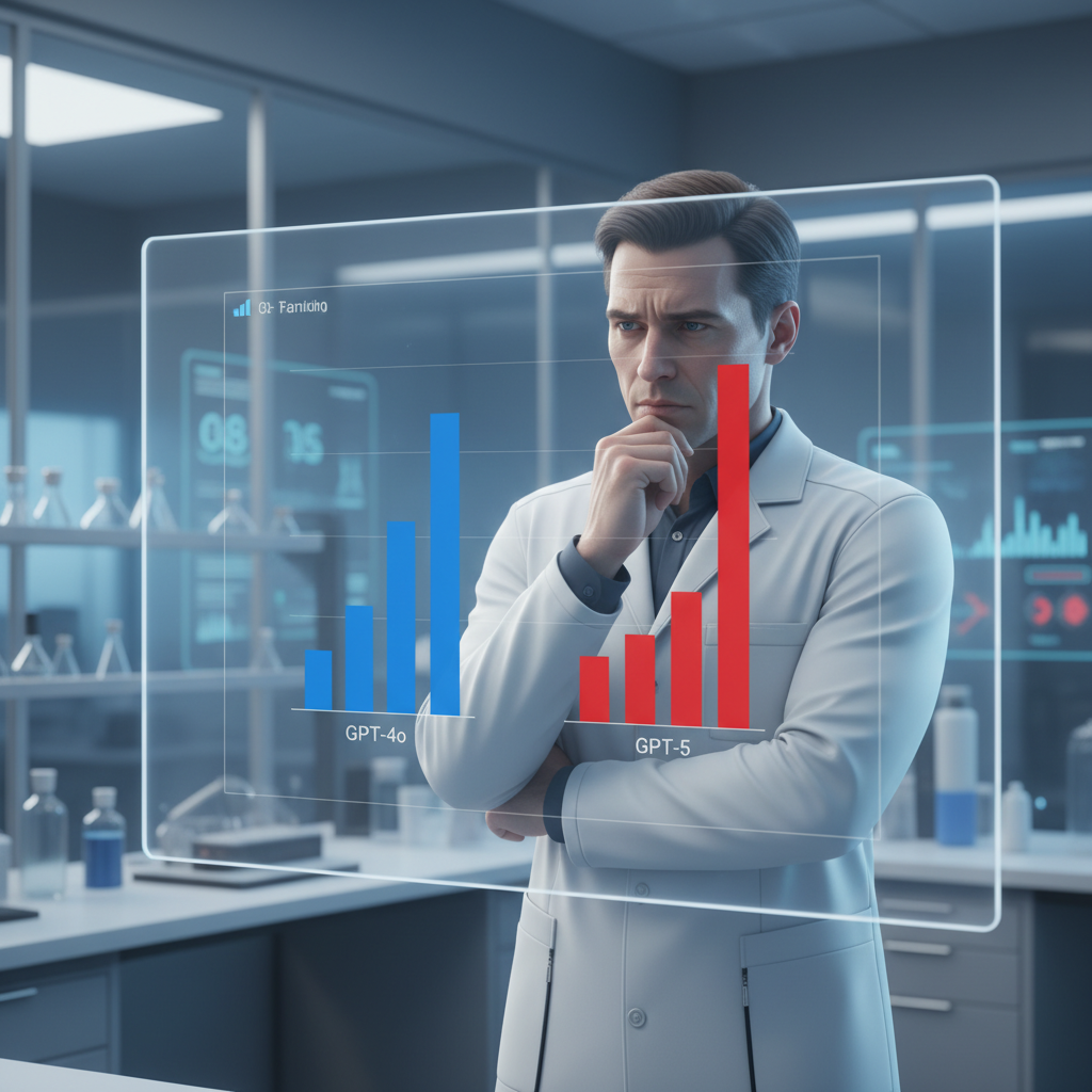 A scientist in a modern lab coat intently studying a computer screen showing comparative bar graphs. The graphs illustrate "GPT-4o" and "GPT-5" performance, with GPT-5 bars significantly higher in a "harmful responses" category. The atmosphere is serious and data-driven. Style: realistic infographic, no text.