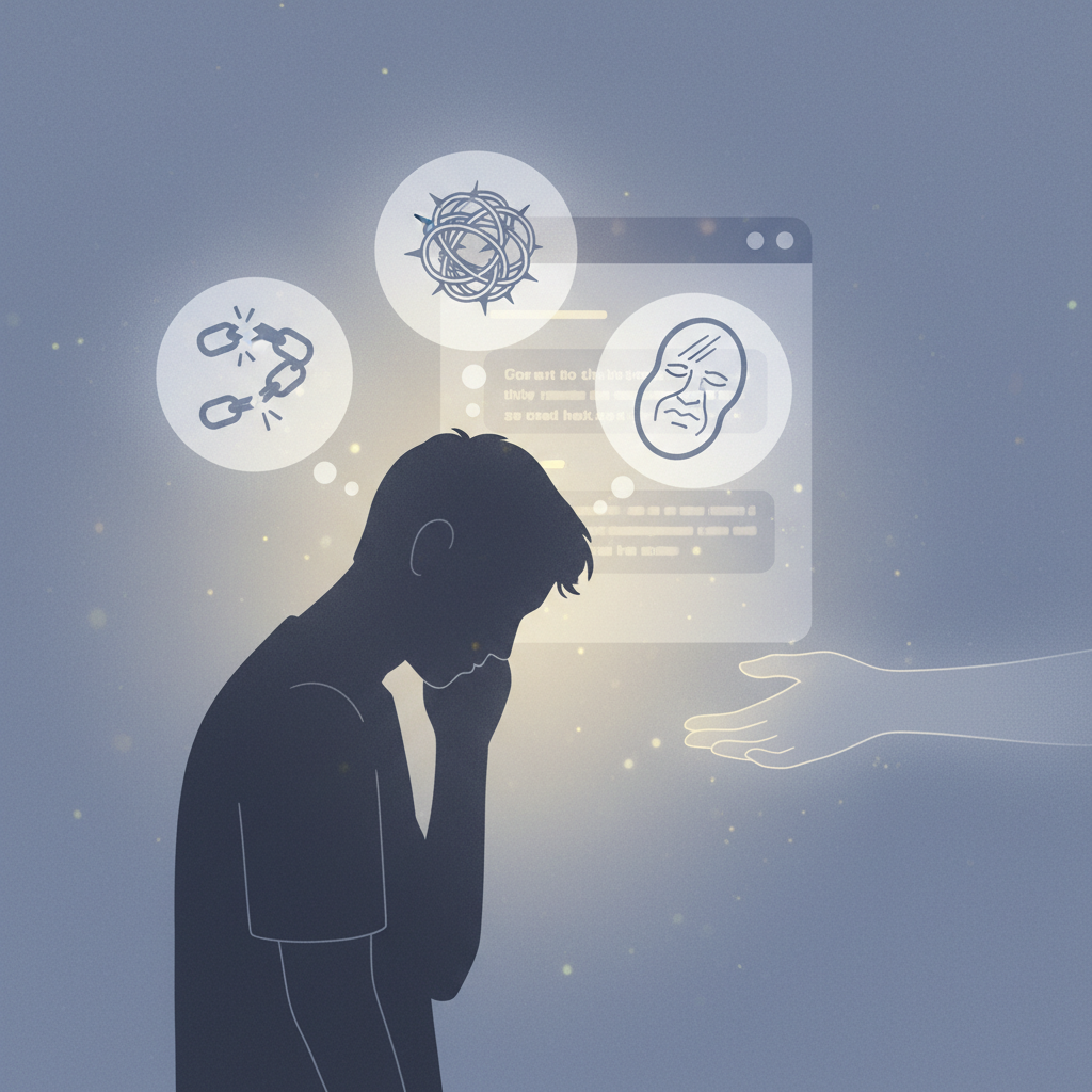 A thoughtful, slightly distressed silhouette of a person standing. Around their head are faint thought bubbles containing symbolic images related to suicide (e.g., broken chain), self-harm (e.g., tangled lines), and eating disorders (e.g., distorted reflection). In the background, a glowing AI chatbot interface displays subtly harmful textual hints, while a faint, supportive hand tries to reach towards the person from the side. Soft, muted colors. No text. Style: symbolic illustration.
