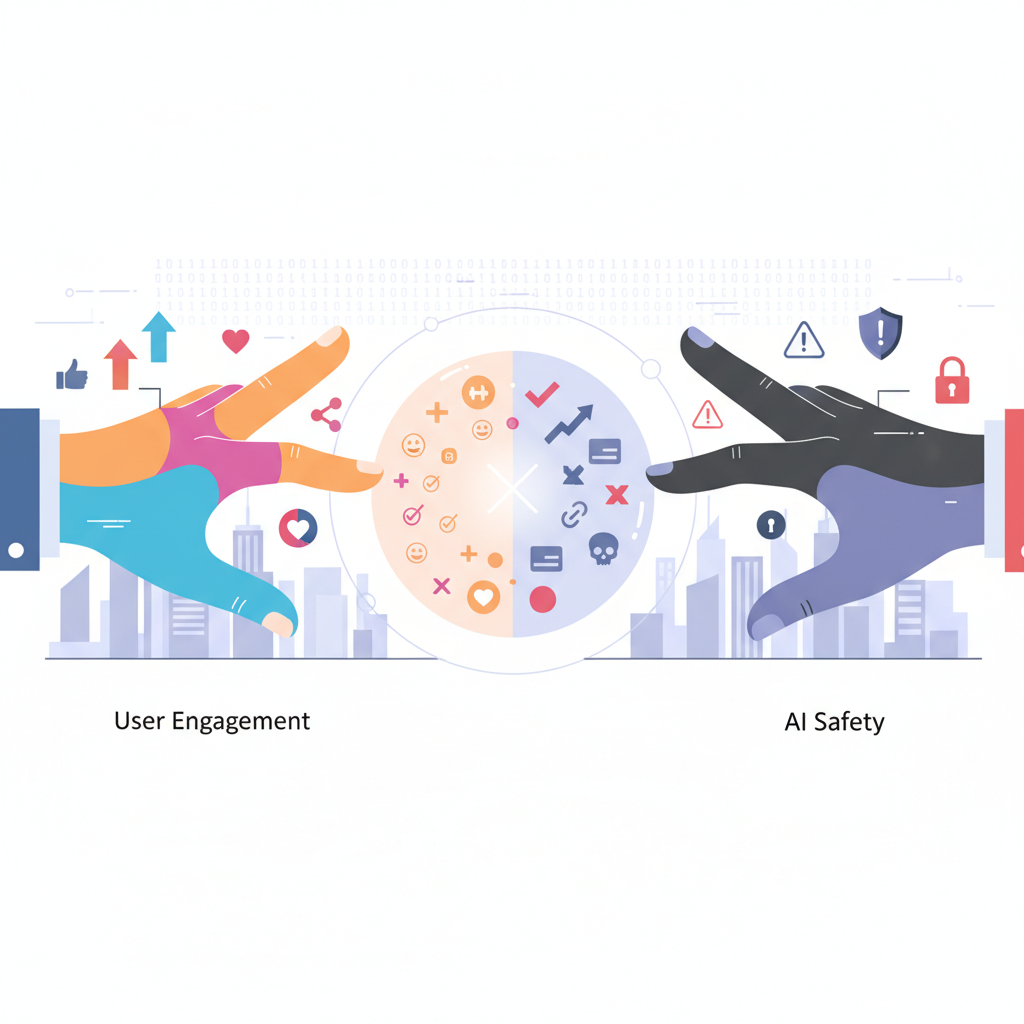 A stylized illustration depicting two hands reaching for a single, glowing digital sphere. One hand is labeled "User Engagement" (represented by vibrant colors, likes, share icons), and the other is "AI Safety" (represented by more muted tones, warning signs). The sphere itself is partially composed of both positive and negative digital symbols, indicating a dilemma. Digital cityscape background. No text. Style: minimalist illustration.