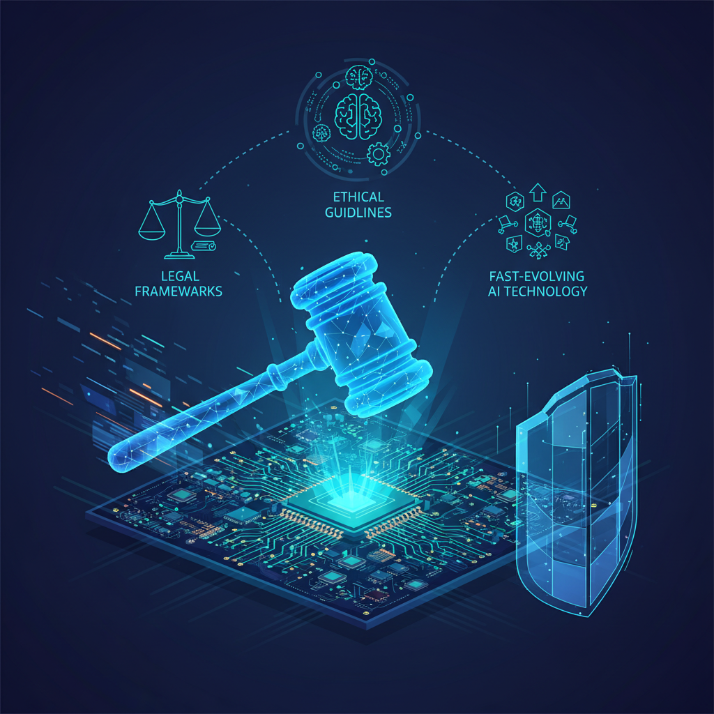 A powerful illustration showing a digital gavel coming down onto a complex circuit board, symbolizing AI regulation. Surrounding it are interconnected icons representing legal frameworks, ethical guidelines, and fast-evolving AI technology. On one side, blurred lines indicate rapid technological advancement, while on the other, a structured digital barrier represents regulatory efforts. Dynamic, high-tech aesthetic, no text. Style: modern infographic illustration.