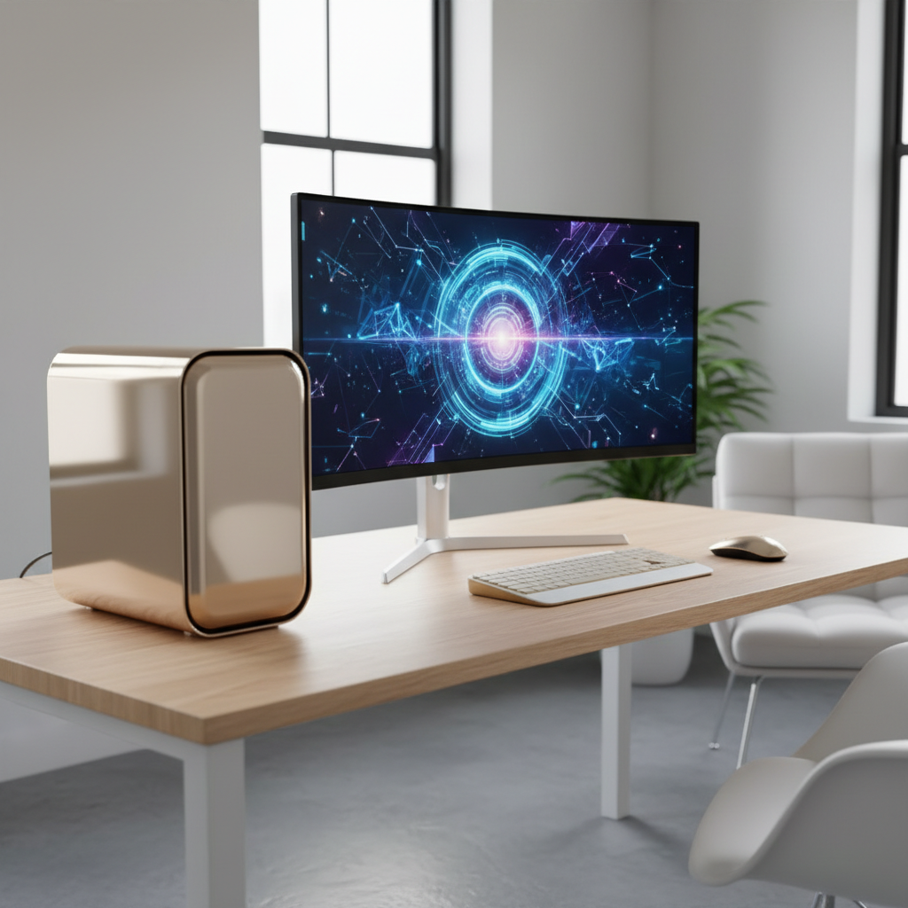 A compact golden computer box sitting elegantly on a modern desk next to a monitor, showcasing futuristic AI technology in a clean office environment with natural lighting and minimalist setup. No text.