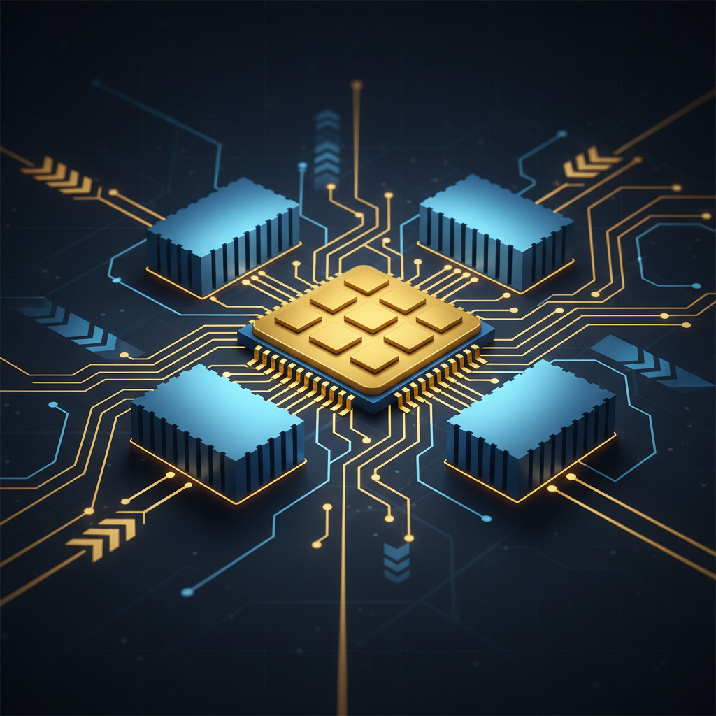 Clean infographic showing advanced computer chip architecture with memory modules and data flow connections, featuring golden and blue color scheme with technical precision. No text.