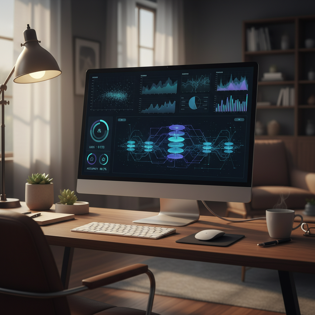 Computer screen displaying AI model training interface with data visualizations and neural network diagrams, modern workspace setting with soft ambient lighting. No text.
