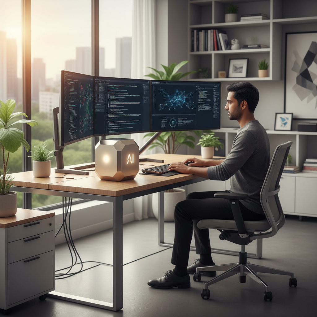 Professional AI developer working at a modern desk with the compact golden AI computer, multiple monitors showing code and neural networks, contemporary office environment with natural lighting. No text.