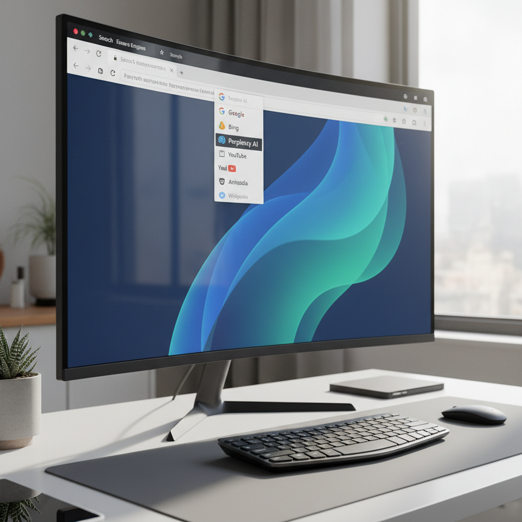 A modern computer screen showing Firefox browser interface with search options menu open, displaying various search engines including Perplexity AI. Clean desktop setup with natural lighting, realistic browser UI elements. No text.