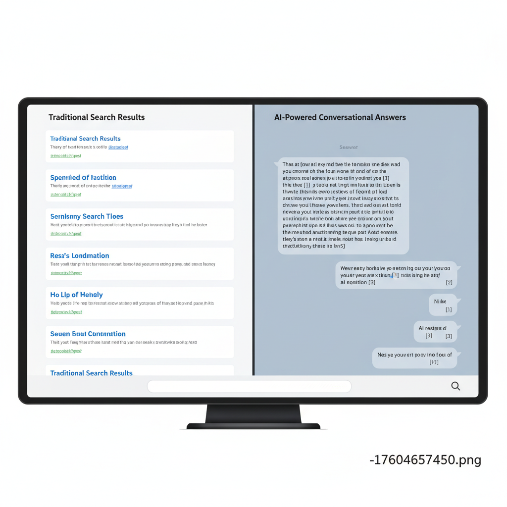 Split screen comparison showing traditional search results with blue links on one side and AI-powered conversational answers with citations on the other side. Modern interface design, clear visual contrast. No text.