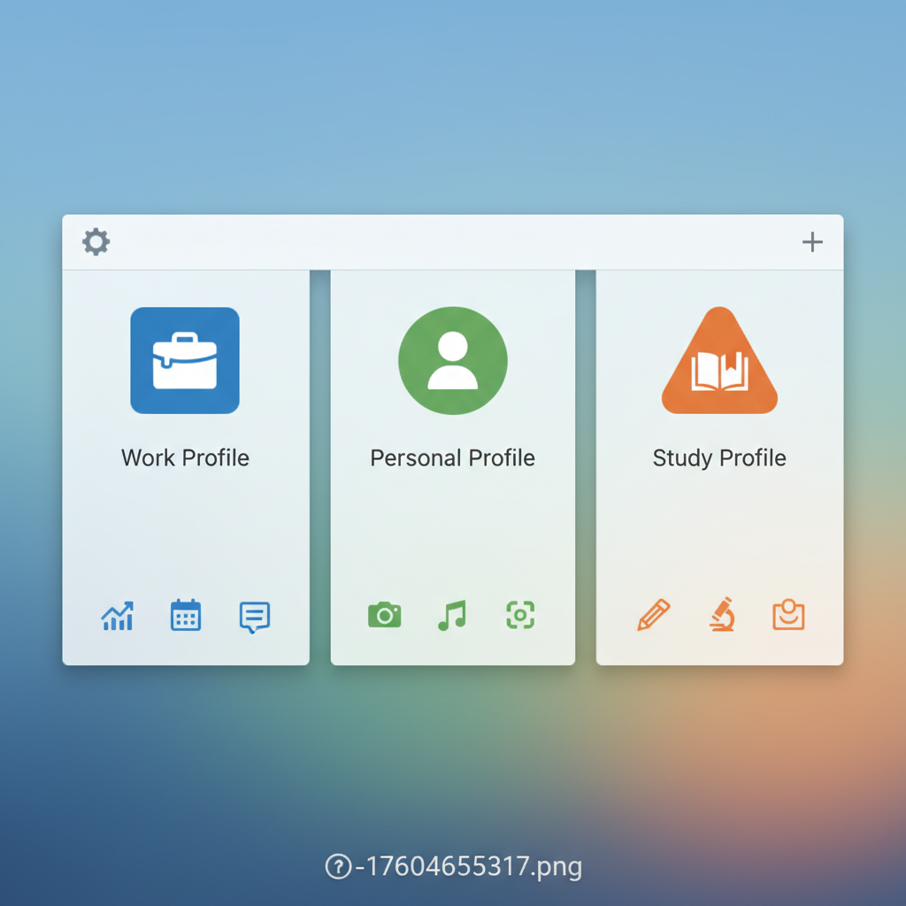 Firefox interface showing multiple browser profiles for work, personal, and study use. Clean profile switching menu with different colored icons and organized layout. No text.