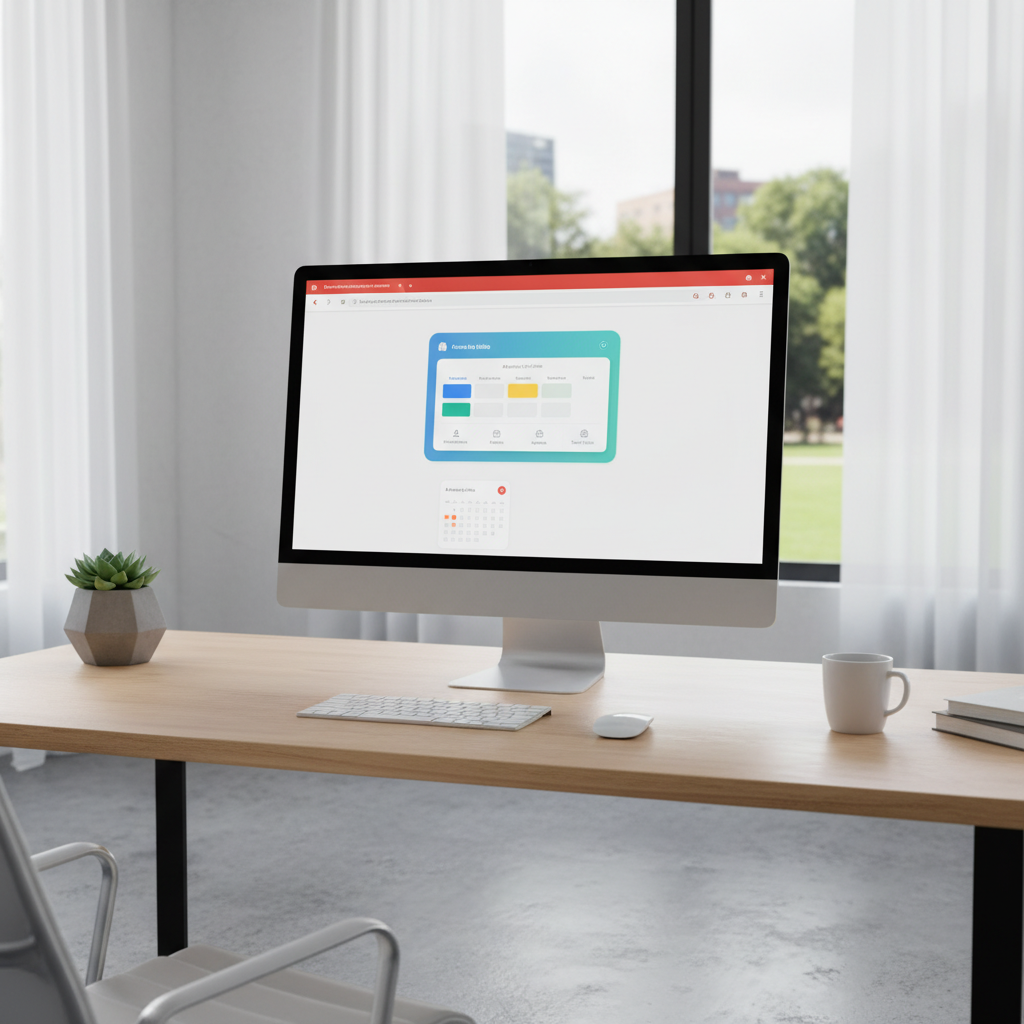 Modern office workspace with Gmail interface on computer screen showing AI-powered meeting scheduling widget, clean professional environment with natural lighting, lifestyle photography style, no text