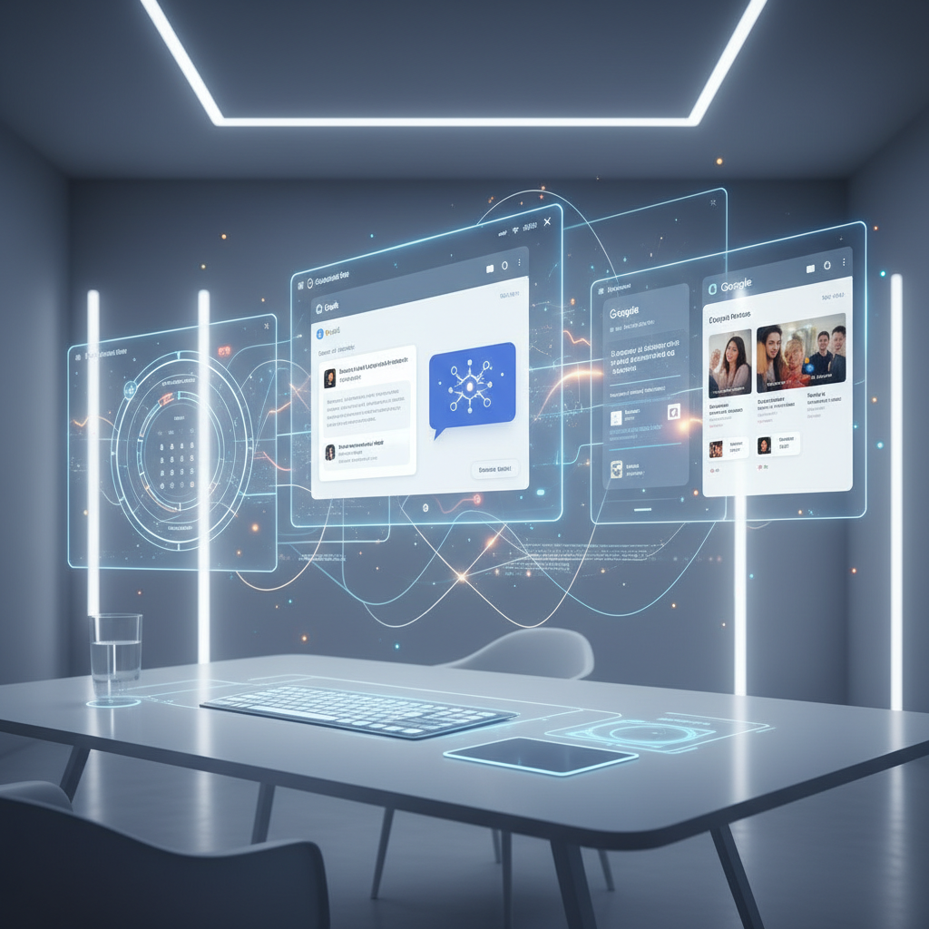 Multiple Google app interfaces floating in modern digital workspace, showing AI integration across Gmail, Calendar, Photos, clean tech visualization with soft lighting, no text