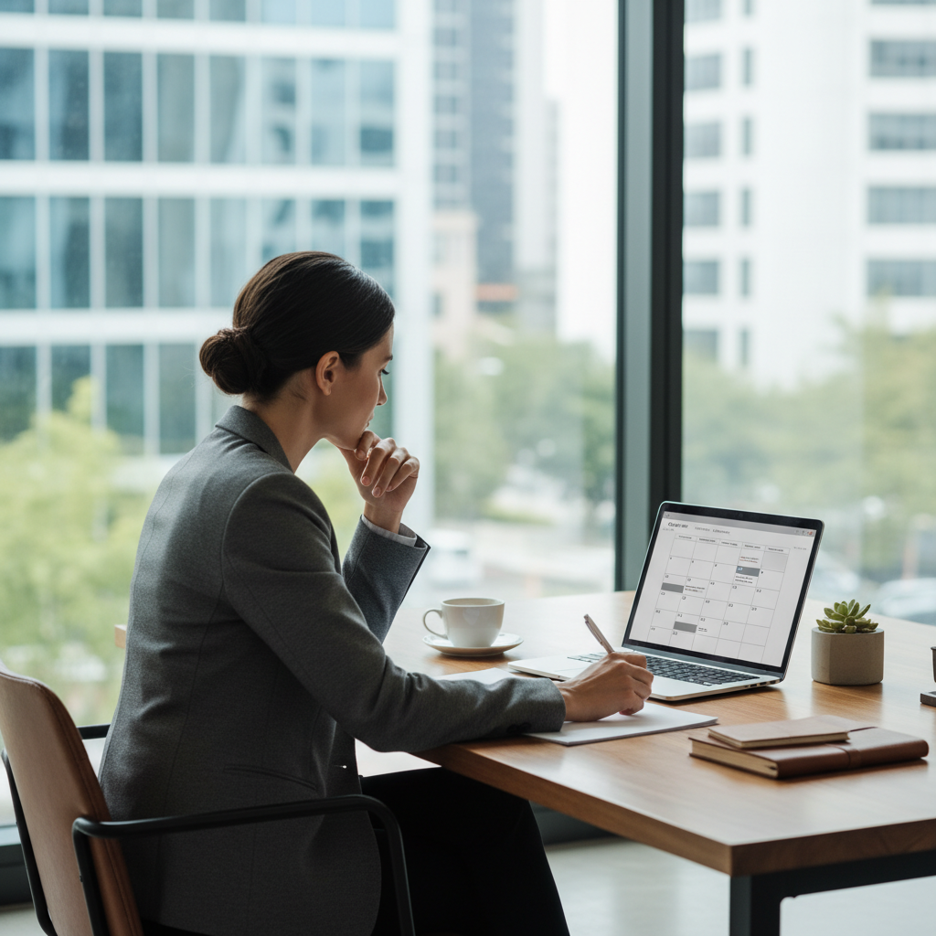 Professional person reviewing meeting schedule suggestions on laptop screen, thoughtful expression, modern office setting with natural window light, lifestyle photography, no text