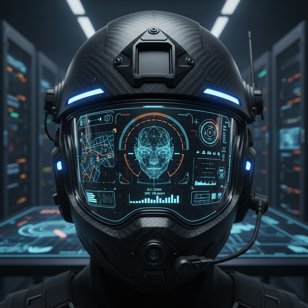 A futuristic military helmet with mixed reality display showing digital overlays and AI interfaces, sleek design with advanced sensors, professional military equipment photography, high-tech atmosphere, no text