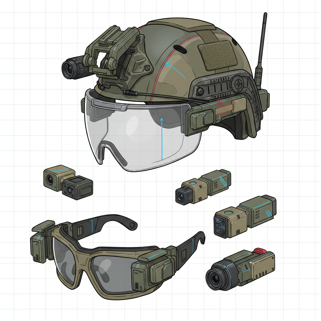 Military mixed reality system components including helmet, visor and glasses variants, modular design showcase, technical illustration style, clean infographic layout with advanced sensors, no text