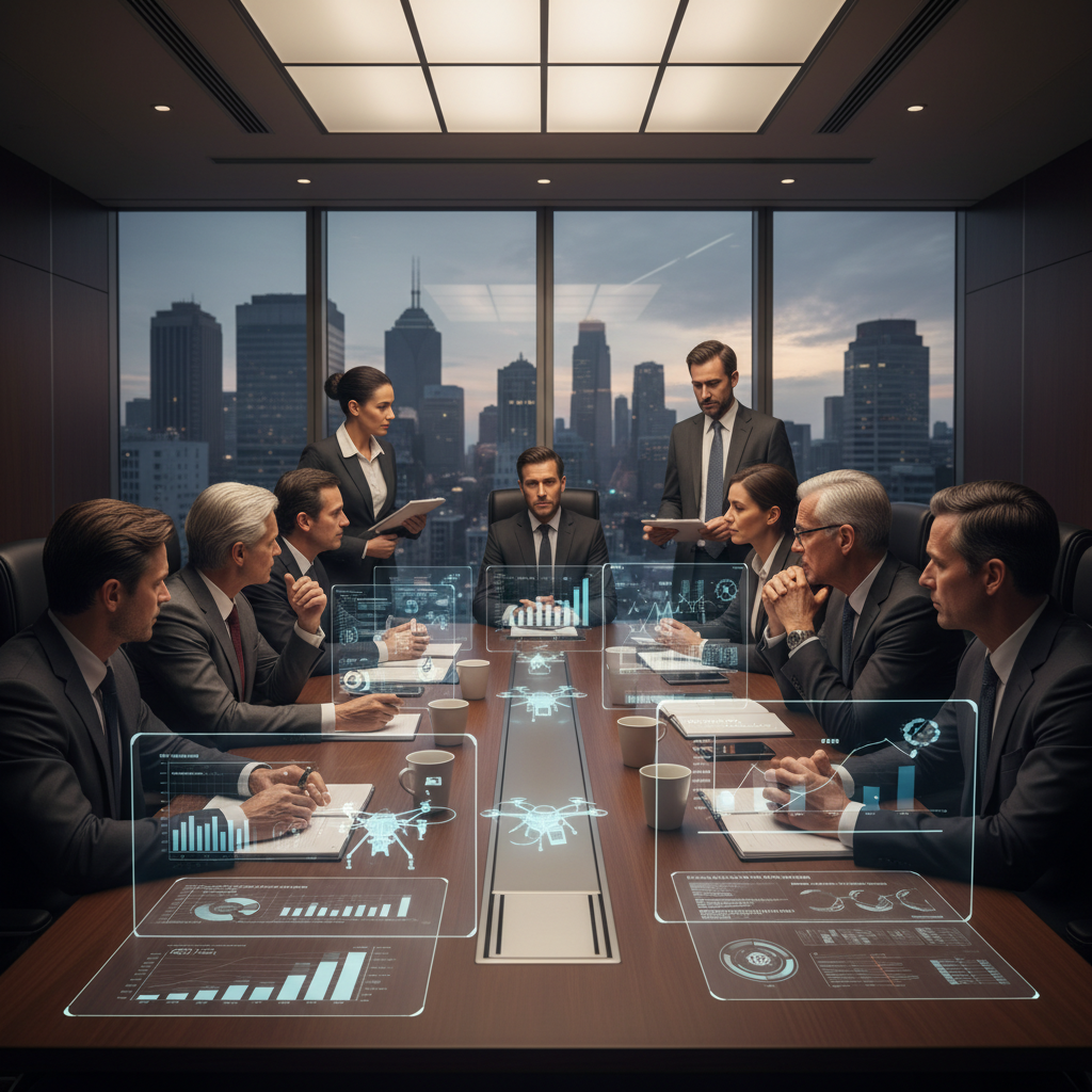 Corporate boardroom meeting with military technology contracts and defense industry competition, professional business environment, strategic planning atmosphere, realistic photography, no text