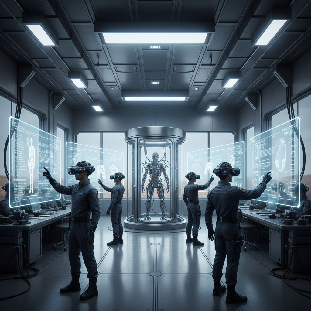 High-tech military research and development facility with engineers working on advanced mixed reality systems, modern laboratory environment with cutting-edge technology, professional lighting, no text