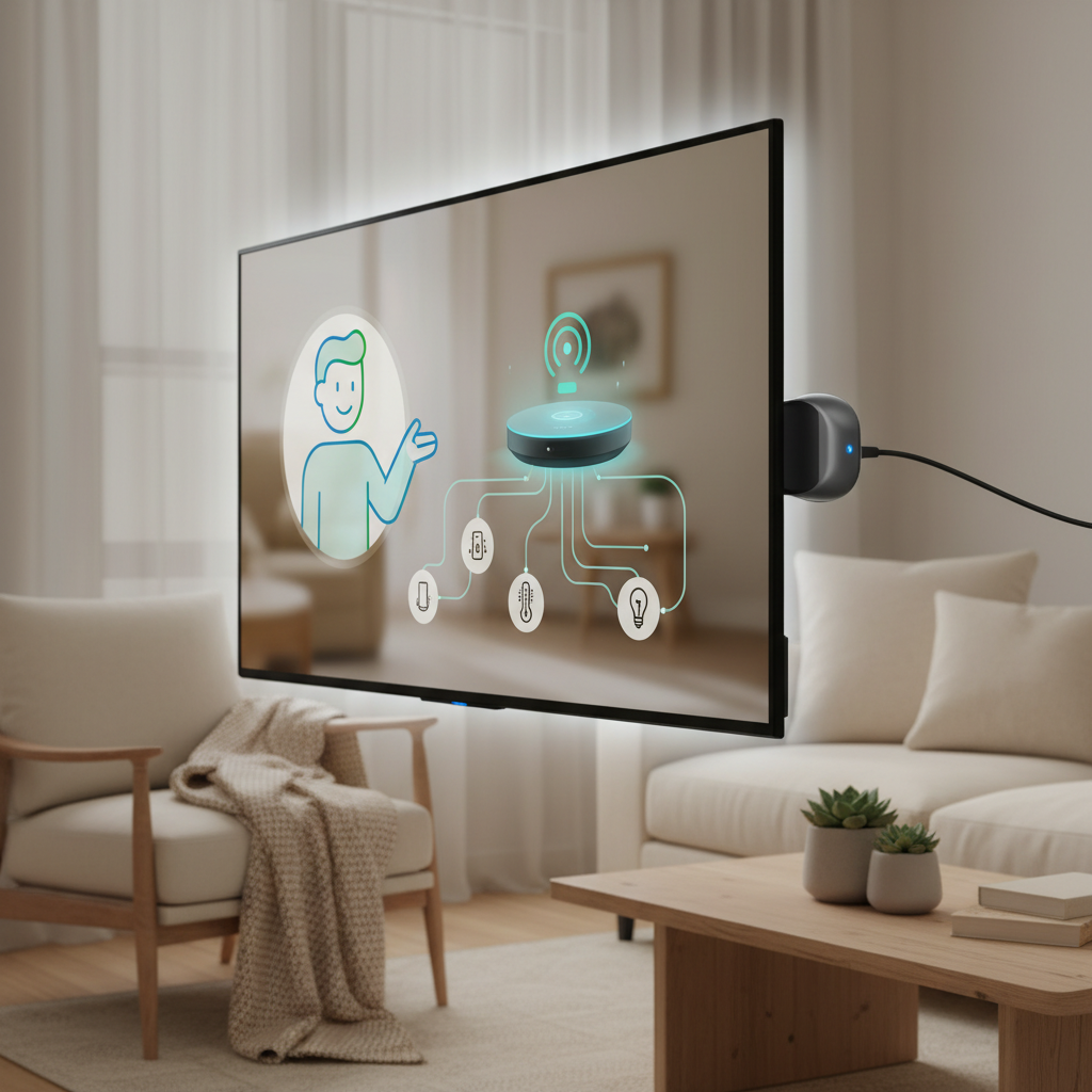 A sleek, modern DirecTV Gemini Air streaming stick plugged into a TV, with a subtle overlay of an AI-generated advertisement on the TV screen showing a stylized user avatar interacting with a product. The setting is a cozy living room. Style: clean infographic with lifestyle elements. No text.
