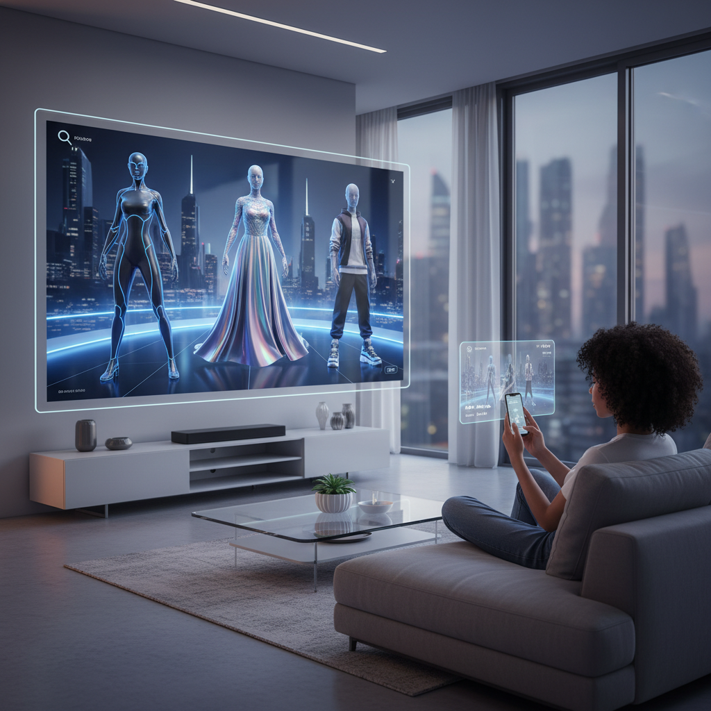 A user's personalized AI avatar trying on different outfits in a virtual fashion catalog displayed on a smart TV screen, while the user watches from a couch with a smartphone for purchase. The room is modern and clean. Style: lifestyle photography with futuristic elements. No text.