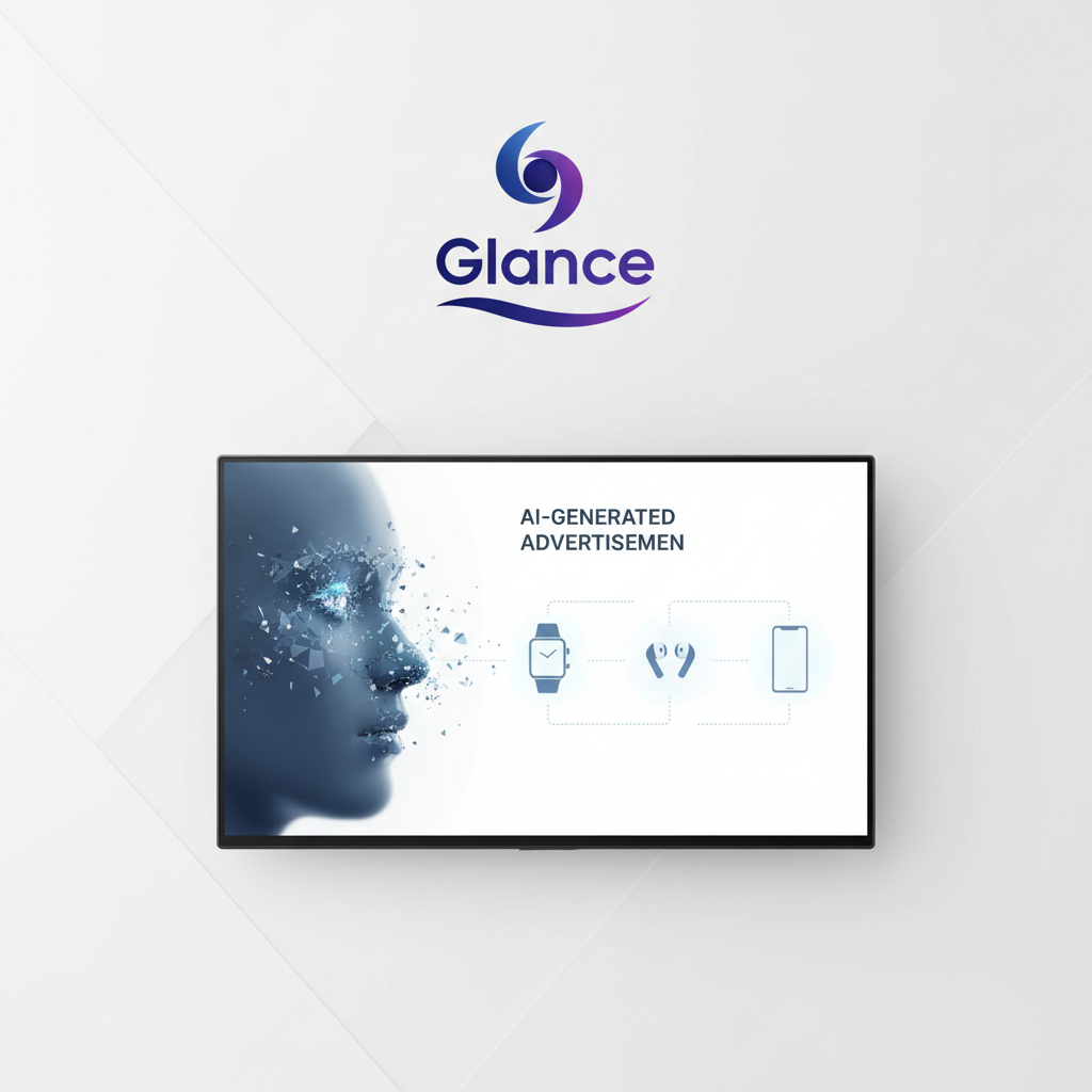 A minimalist infographic showcasing the Glance logo prominently. Below it, a smart TV screen displaying an AI-generated advertisement that subtly features elements of a user's face, alongside product recommendations. The design is sleek and professional. No text.