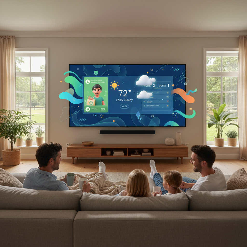 A living room scene where a family is relaxed, and their large smart TV displays dynamic AI-generated content. The content seamlessly transitions between personalized ads featuring avatars, real-time weather updates, and sports scores, all visually appealing and integrated. Style: lifestyle photography. No text.