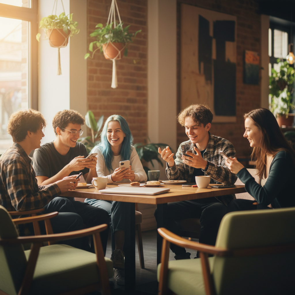 Young Gen Z people naturally connecting through mutual friends in a modern social setting, showing authentic interactions and smartphone usage in a casual cafe or social gathering environment, lifestyle photography, warm lighting, no text