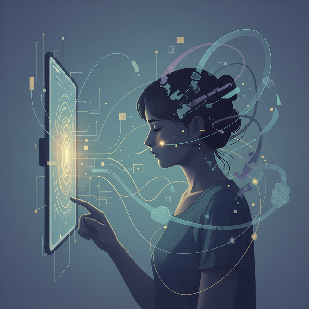 A conceptual illustration depicting a user in front of a digital screen, with abstract elements around them suggesting both connection and potential vulnerability or confusion. The overall mood is thoughtful and slightly complex, representing mental health aspects related to AI interaction. Use soft lighting and a thoughtful color palette. Style: conceptual illustration. No text.