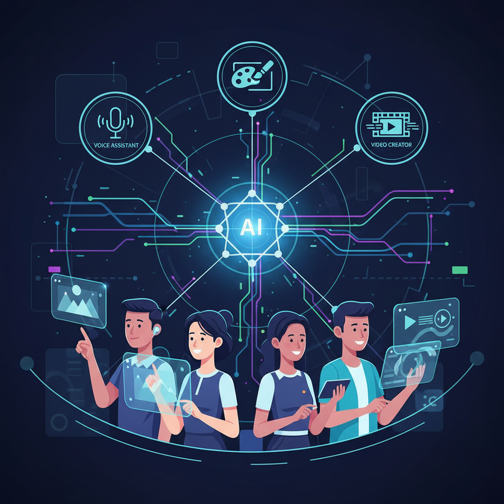 An imaginative illustration showing various AI-powered tools like voice assistants, image generators, and video creators interconnected, with abstract light particles flowing between them. A diverse group of stylized Korean people are shown interacting with these futuristic interfaces, suggesting broad accessibility and utility. Emphasize innovation and connectivity. Style: futuristic infographic illustration. No text.