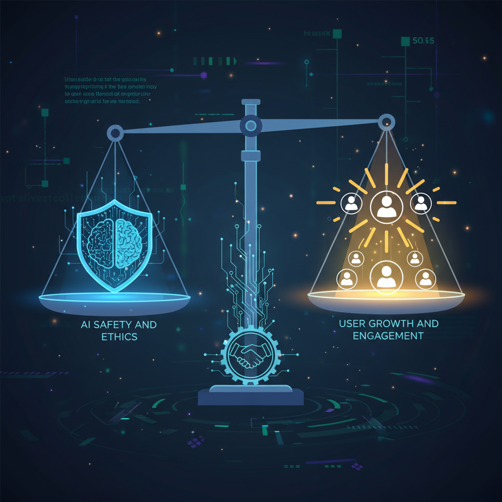 A visual metaphor of two balancing scales, one side representing 'AI Safety and Ethics' with symbolic elements like a shield and a brain, and the other side representing 'User Growth and Engagement' with symbols like growing user icons and a spotlight. The scales are perfectly balanced in the center, set against a background of digital lines and glowing data, suggesting a complex but achievable equilibrium. Style: symbolic illustration. No text.
