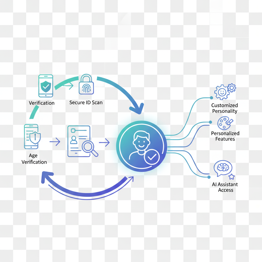 A clean infographic illustrating age verification process for an AI chatbot, showing a verified adult user accessing personalized AI features like customized personality traits. The visuals should be clear and intuitive, using symbols for security and customization, for a Korean user. No text.