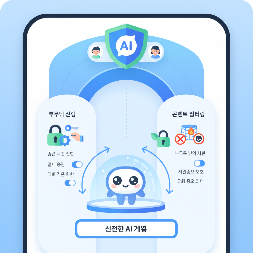 A detailed infographic showing different safety measures put in place for younger users of an AI chatbot, including parental controls and content filtering, with Korean interface elements. Emphasize protection and security using clear visual metaphors. No text.