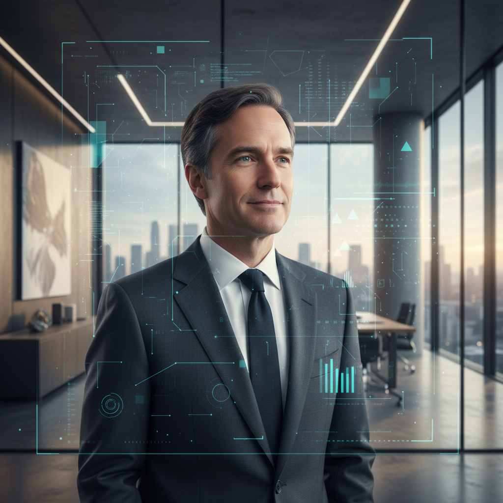 A professional portrait of a tech CEO, possibly Sam Altman, with a subtle digital interface overlay in the background, conveying leadership and a forward-thinking vision for AI policy in a modern office setting. No text.
