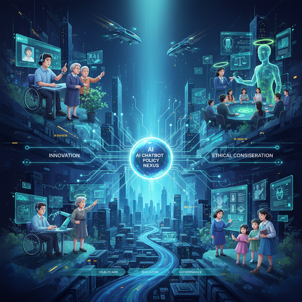A futuristic illustration depicting the broad impact of AI chatbot policy changes on society and technology, with diverse Korean users interacting with AI in various scenarios. Show elements of innovation and ethical consideration. Style: conceptual digital art. No text.
