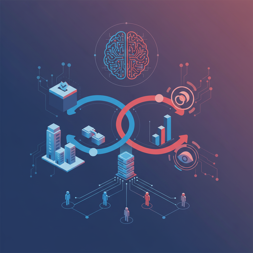 A conceptual illustration showing the intersection of AI technology and democracy, featuring digital networks, voting symbols, and surveillance elements in a modern corporate setting. Clean infographic style with blue and red color scheme, no text.
