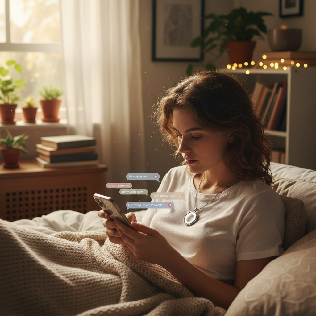 A young person wearing a smart pendant device, looking at supportive text messages on their phone in a cozy bedroom setting. Soft natural lighting, lifestyle photography style showing the intimate nature of AI companionship, no text.
