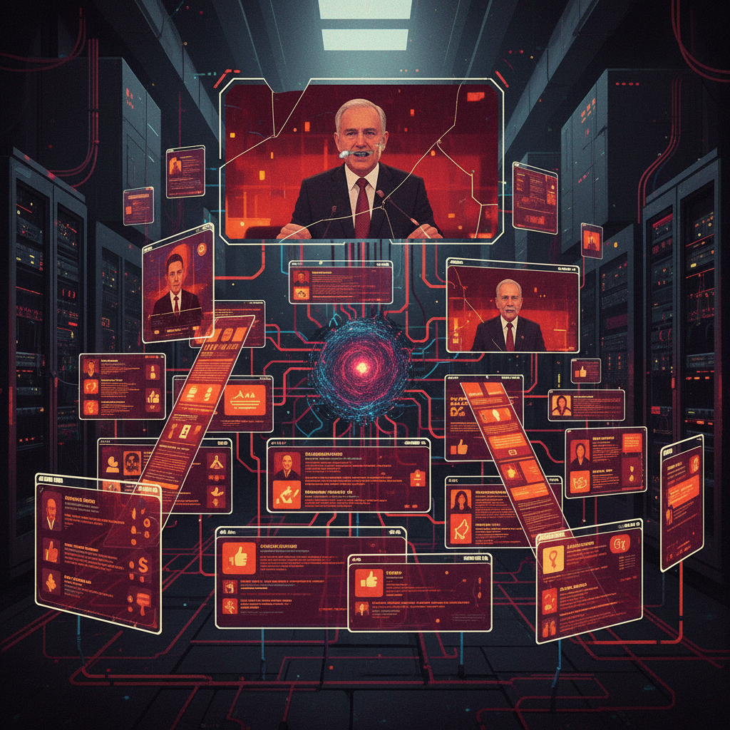 A conceptual illustration of election manipulation through AI, showing fake video screens, targeted advertising interfaces, and social media feeds in a dark, dystopian corporate environment. Digital art style with warning colors, no text.