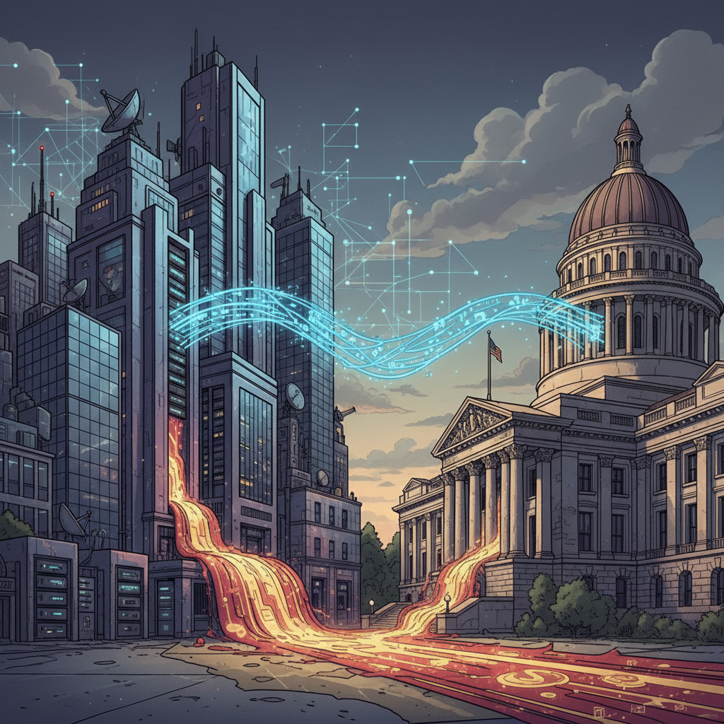 A powerful illustration of Silicon Valley's political influence, showing corporate towers connected to government buildings with data streams and money flows. Dark, serious tone with architectural elements and network connections, no text.