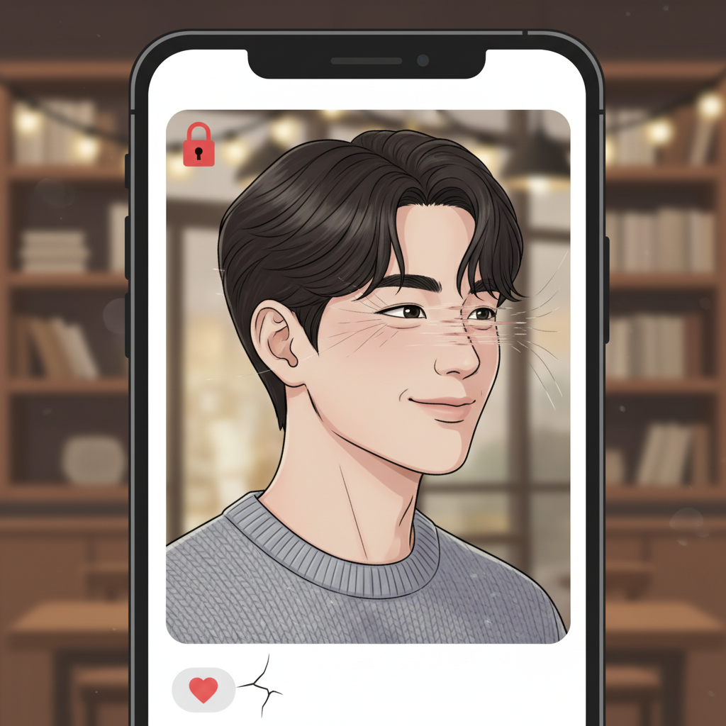 A digital illustration of a charming, attractive Korean man's profile on a dating app screen, overlaid with subtle, sinister elements hinting at deception. The background is blurred, showing a cozy indoor setting. Style: clean infographic. No text.