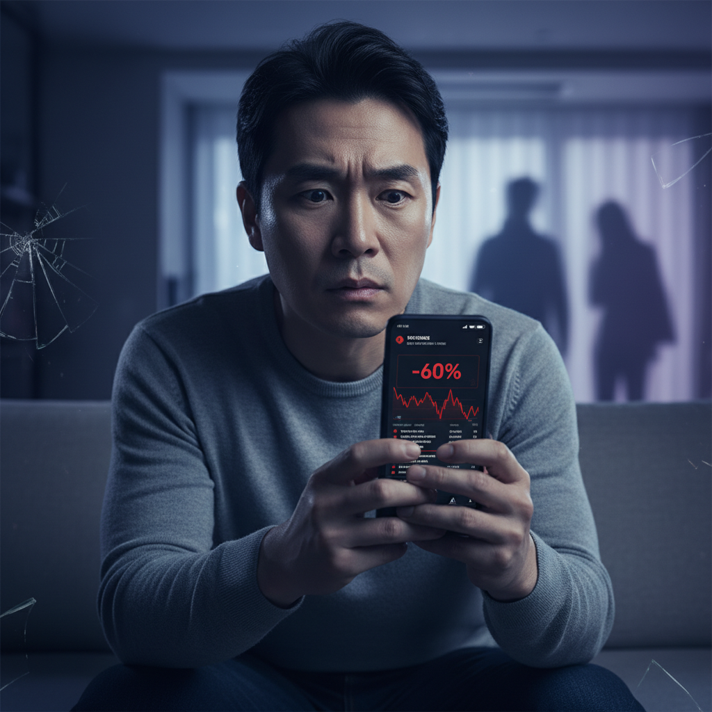 A realistic illustration of a Korean person looking at a cryptocurrency investment app on a smartphone, displaying a significant loss or suspicious activity. The person's face shows concern and confusion, with a dark, unsettling background hinting at betrayal. Style: lifestyle photography. No text.