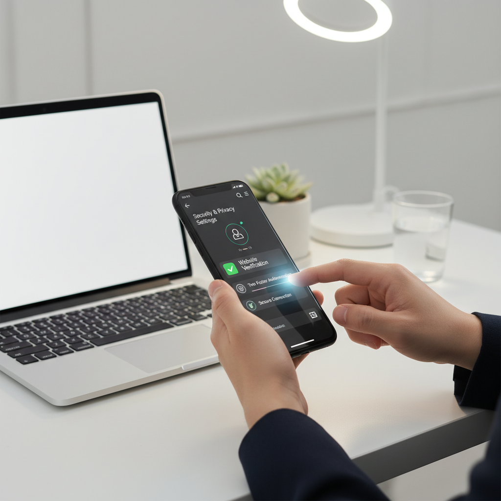 A close-up shot of a Korean person's hands holding a smartphone, actively checking security settings and verifying information on a website. The background is a clean, modern desk with a laptop, emphasizing proactive digital safety. Style: clean infographic with a touch of lifestyle photography. No text.
