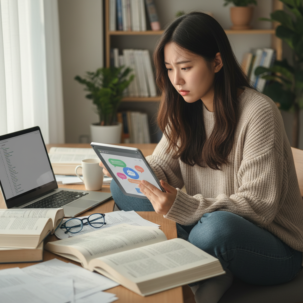 A Korean student sitting at a desk, looking at a tablet with AI chatbot interface, surrounded by open books and a laptop. The student appears thoughtful, with a subtle look of concern. Soft, natural lighting. Lifestyle photography. No text.