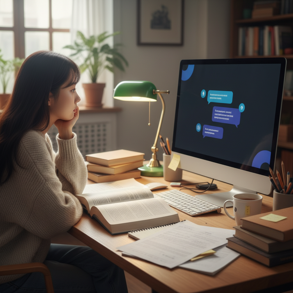 A Korean student looking thoughtfully at a computer screen displaying an AI chatbot interface. Books and notebooks are scattered on the desk, suggesting a study environment. The student shows a mix of reliance and slight uncertainty. Lifestyle photography, warm natural light. No text.