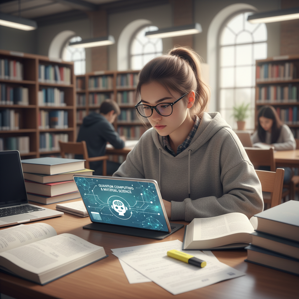 A Korean student at a library table, looking intently at a tablet. The screen displays information related to a school project, suggesting AI is being used for research. Books are stacked around, creating an academic atmosphere. Clean infographic style, bright lighting. No text.