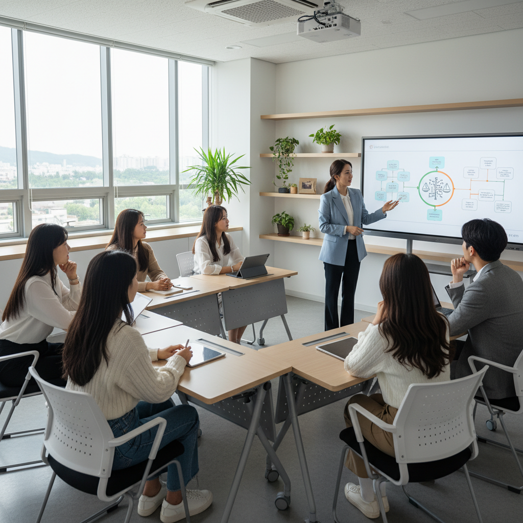 A diverse group of Korean students and a teacher discussing AI education in a modern classroom setting. The teacher points to a presentation slide about ethical AI use. Students are engaged and attentive. Bright, airy classroom. Clean infographic style. No text.
