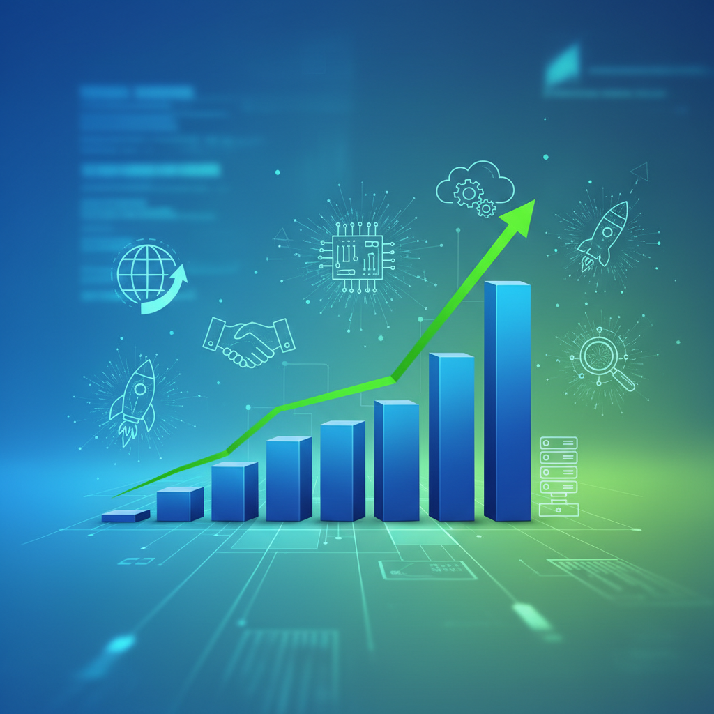 Clean infographic showing OpenAI's revenue growth trajectory with charts and business expansion icons, featuring modern tech company atmosphere with blue and green color scheme, professional business visualization, no text
