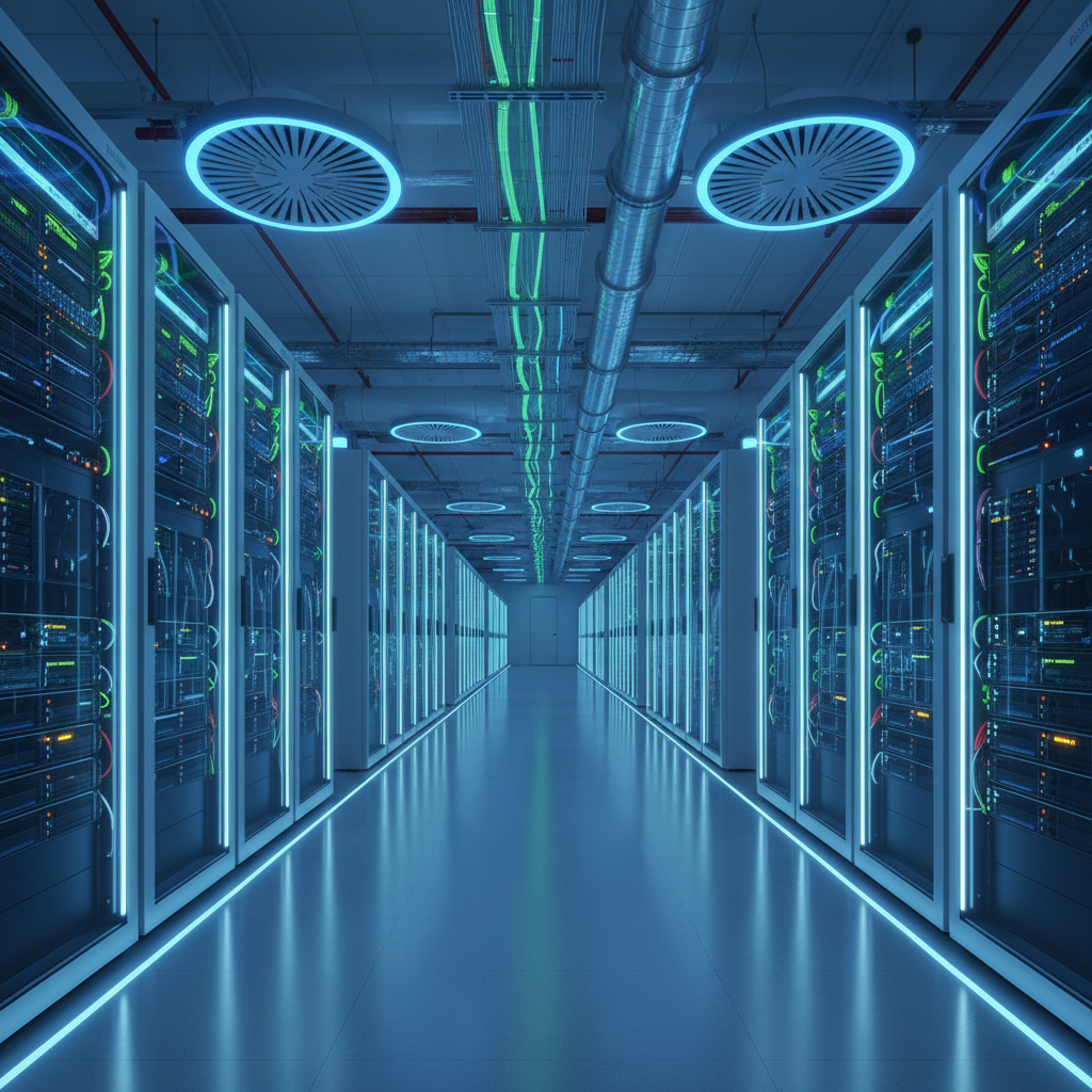 Modern data center with rows of servers and advanced computing equipment, showing massive scale infrastructure investment, futuristic tech atmosphere with cool blue lighting, no text