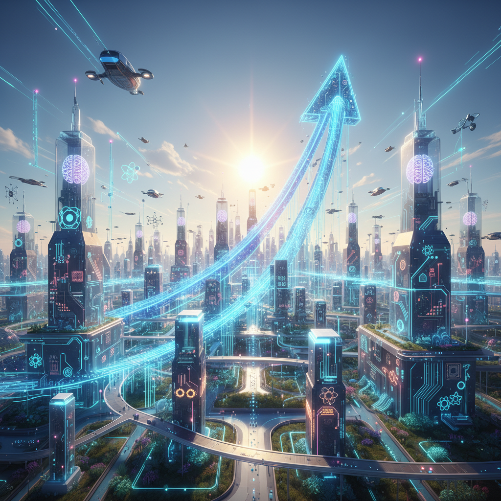 Futuristic technology landscape showing AI advancement and growth trajectory, with digital elements and innovation symbols, bright optimistic atmosphere with modern design, no text
