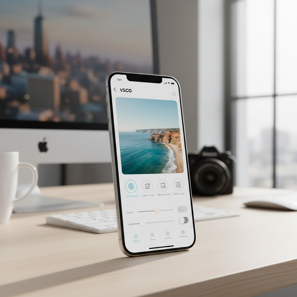 Modern smartphone displaying VSCO app interface with AI editing tools, clean minimalist design, bright natural lighting, professional photography workspace background, no text