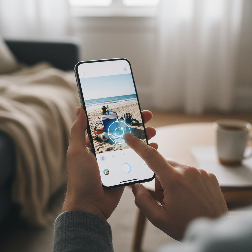Close-up of hands using smartphone to remove objects from a photo using AI, finger touching screen with selection tool, modern editing interface, soft professional lighting, lifestyle photography style, no text