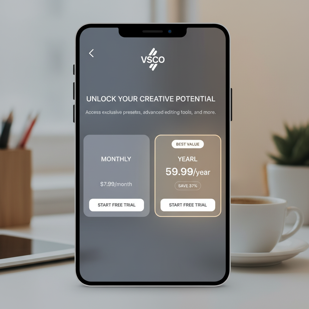 Clean subscription interface showing VSCO Pro pricing plans, modern app design, professional layout with monthly and yearly options, soft lighting, minimalist style, no text