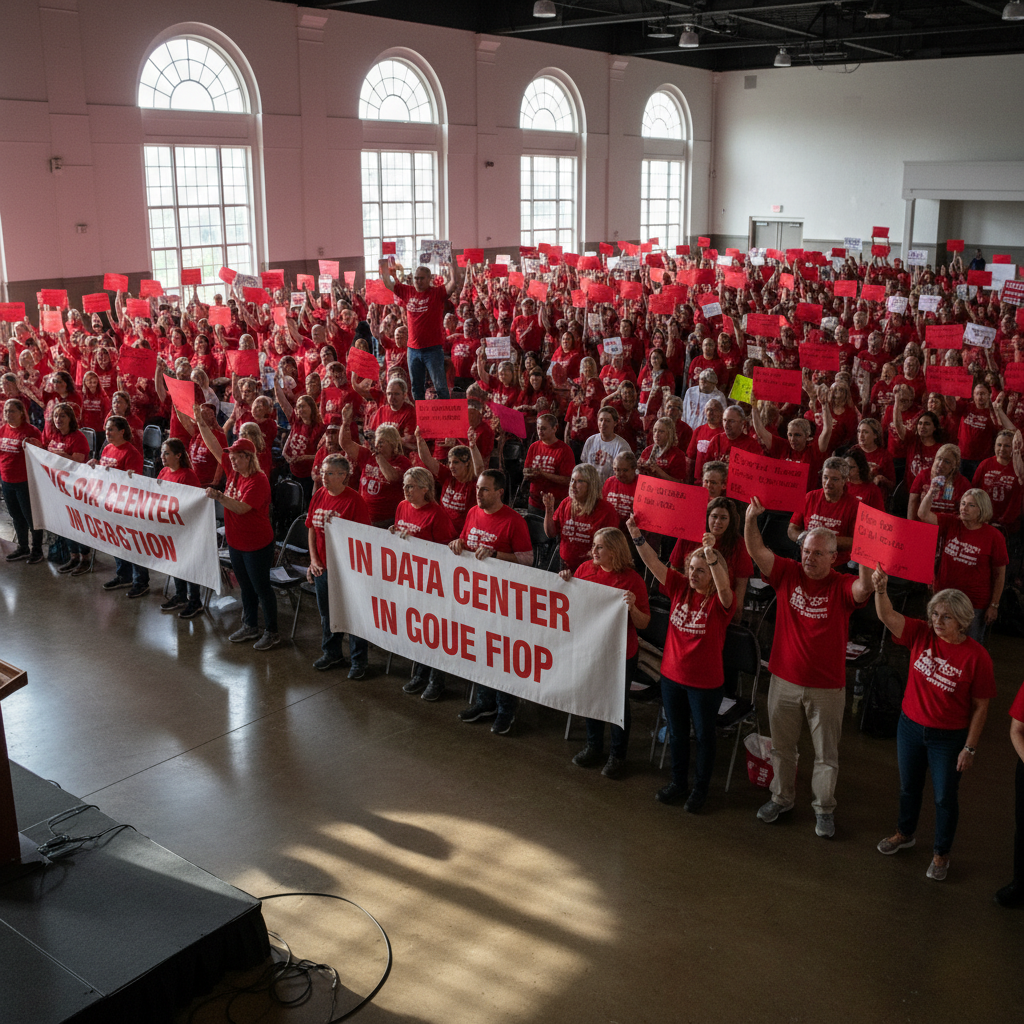A community meeting in a large convention center with hundreds of people holding red protest signs and banners. Citizens wearing red t-shirts showing opposition to a data center project. Realistic photography style with natural lighting, no text.